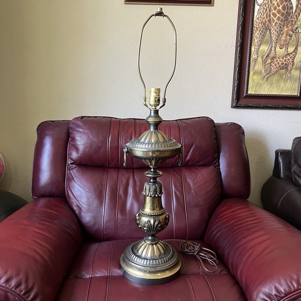 Solid Brass Table Lamp Vintage Urn Accent Light Drop Ring Handles Neoclassical